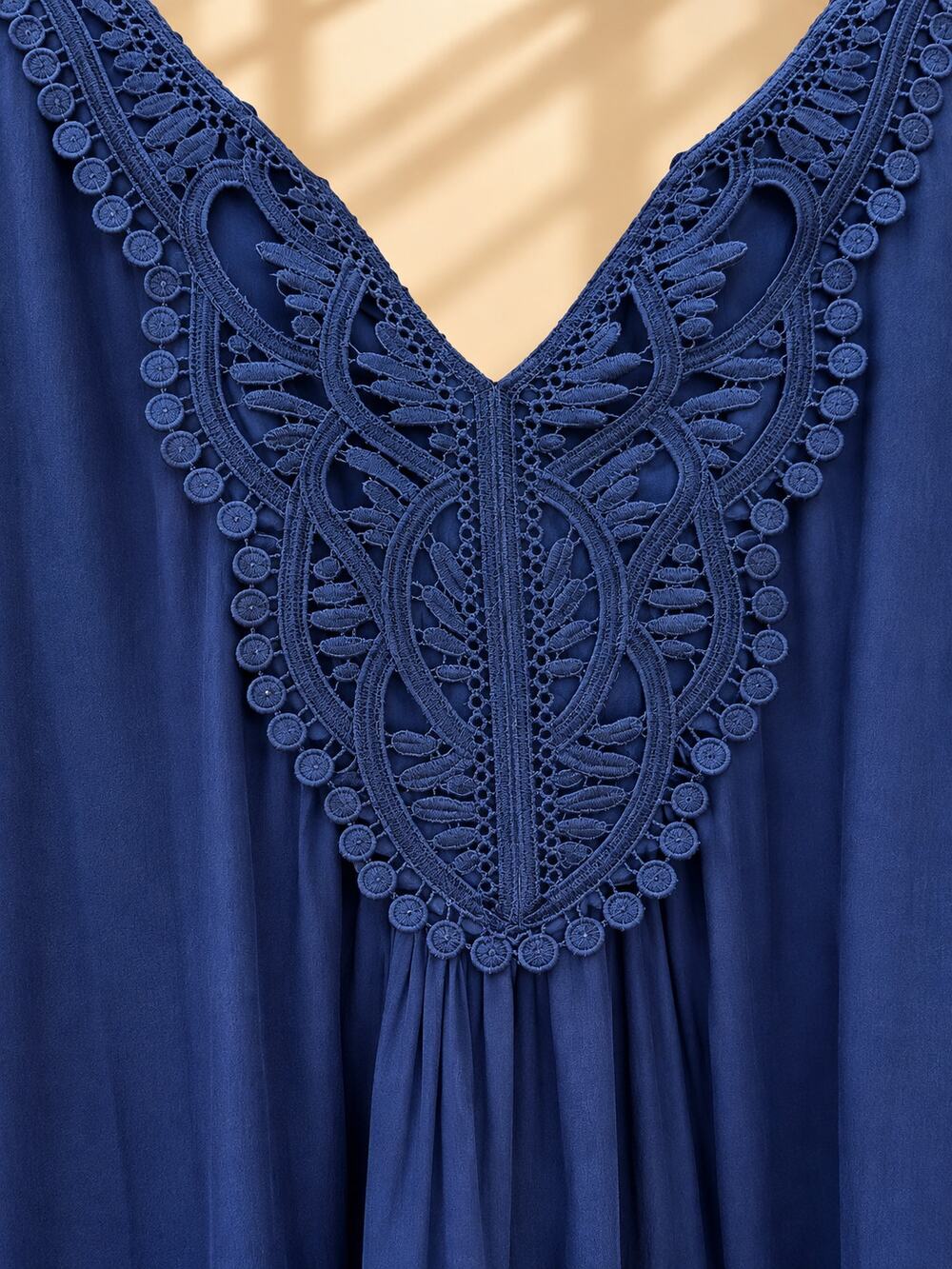 Navy Blue Boho Embroidered V-Neck Tunic Top